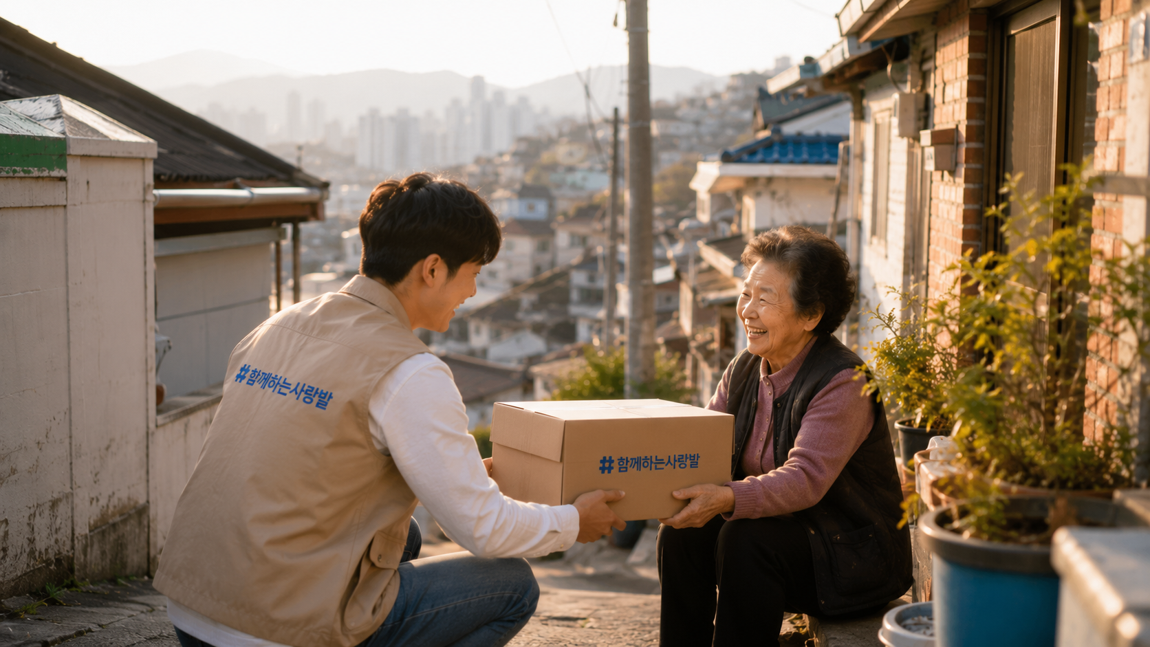 산동네 주거지에서 에너지복지몰 지원 물품을 전달하는 따뜻한 나눔 이미지